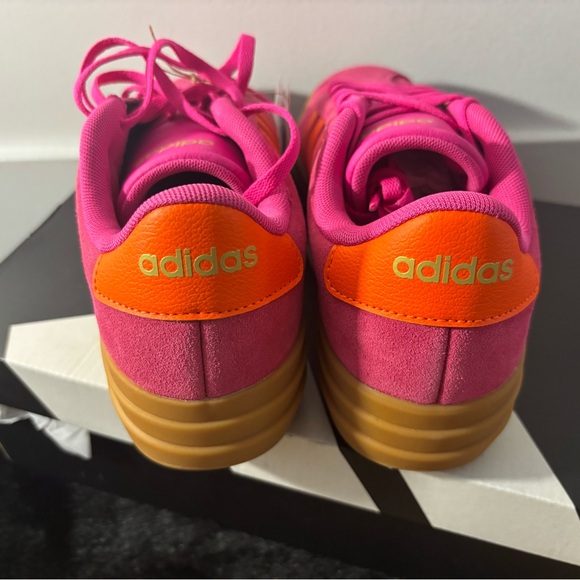 adidas Women’s Pink Suede Sneakers with Orange Stripes and Gum Sole - Picture 4 of 7